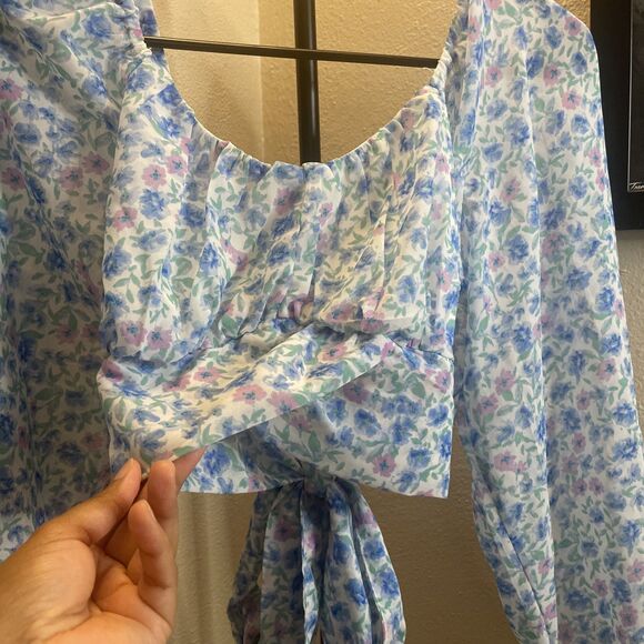 Japna White Blue Floral Pattern Long Puff Sleeve Back Tie Crop Top Blouse S - Picture 6 of 11